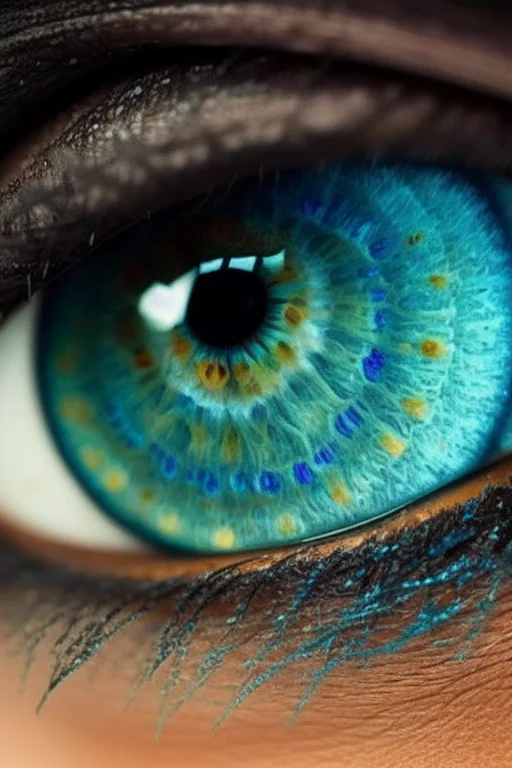 <lora:macro-eye:0.8>, blue green iris , tree in pupils, blue eyeliner , black person, extremly textured iris , valcano like iris , bottom-side view