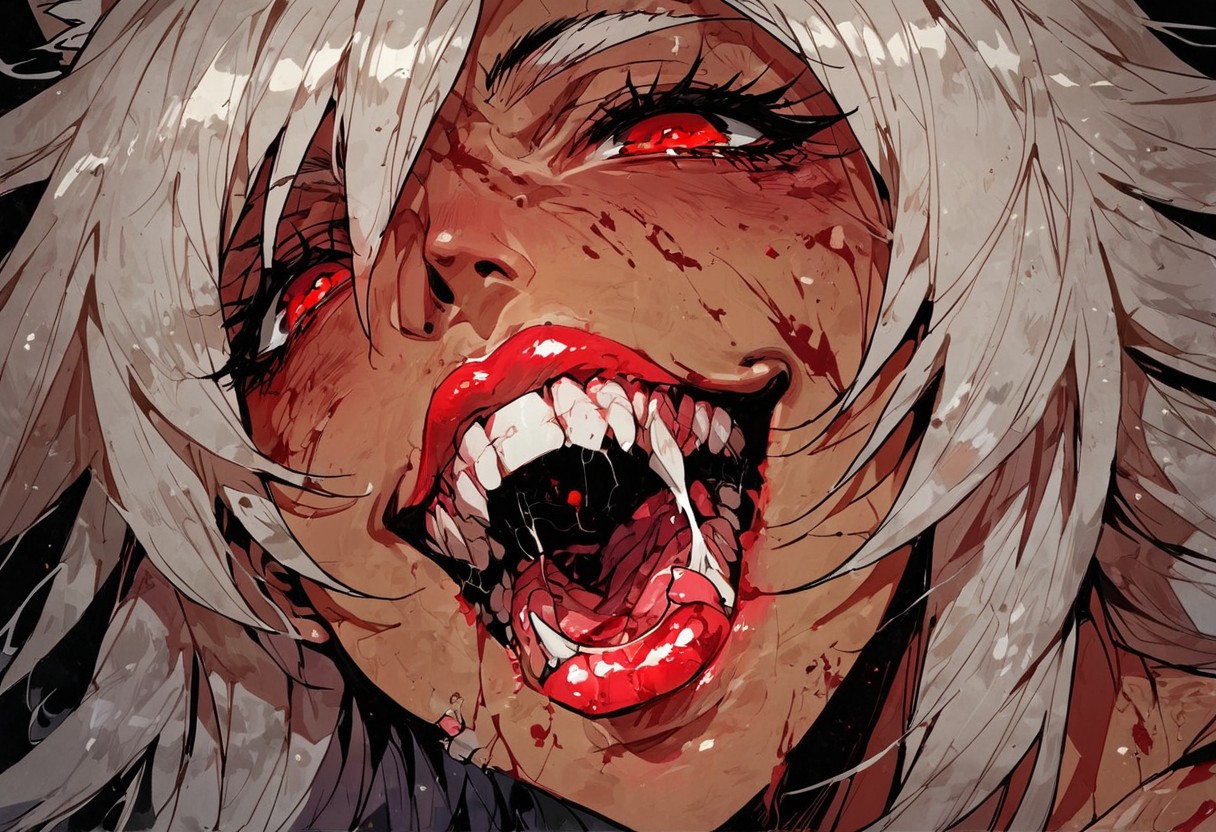 score_9, score_8_up, score_7_up,   1girl, black hair, solo, blood, red eyes, tongue, teeth, open mouth, long hair, blood on face, close-up,  <lora:Fant5yP0ny:0.8>, ghislaine dedoldia, visible breast, bimbo lips, transparent saliva dripping, seductive look, holding her cheeks, super lovely,