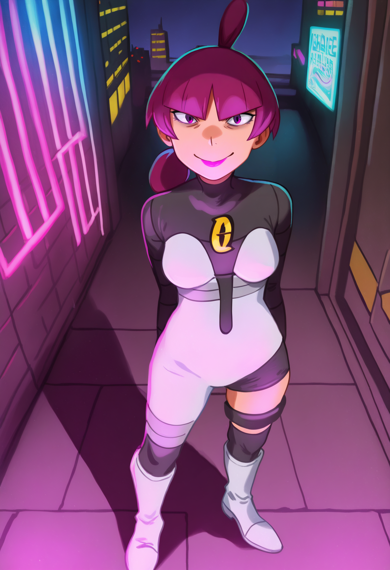 khyleri,
best quality, amazing quality, very aesthetic, absurdres,
1girl, jupiter \(pokemon\), purple hair, blunt bangs, hair tie, makeup, purple eyes, lipstick,
bodysuit, white boots, 
solo, standing, smug, looking at viewer, futuristic background, neon light , buildings, night,     <lora:KhyleriNoobLocon_byKonan:1>, <lora:JupiterNoobXL_byKonan:1>