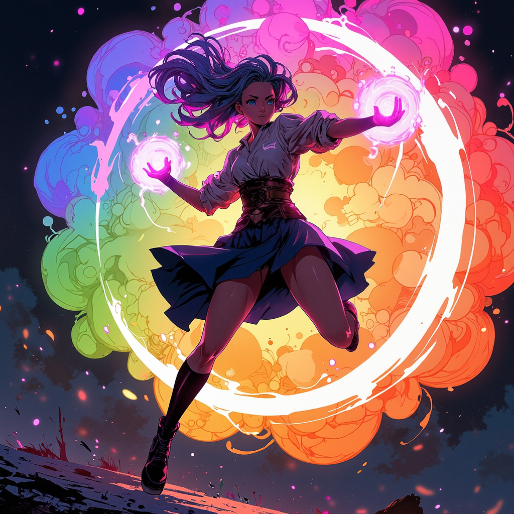 animeniji, AnimeNiji, anime, niji, (off-center composition, close up Portrait), Dynamic shot of an anime girl leaping through the air, casting a powerful spell, magical energy swirling around her hands, vibrant colors exploding in the background.