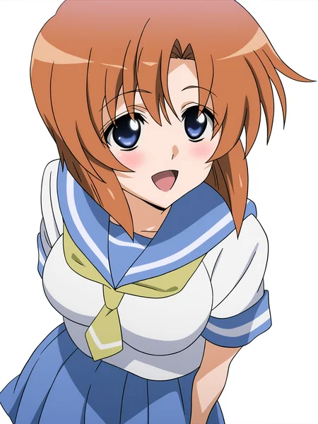 higurashikira, anime screencap, anime coloring, 1girl, ryuuguu rena, solo, breasts, medium breasts, blue eyes, blush, open mouth, orange hair, short hair, big breasts, simple background, white background, blue school uniform, serafuku, skirt, smile, pleated skirt, blue skirt, necktie, yellow necktie, looking_at_viewer, 
(masterpiece, best quality, absurdres, highres, newest:1.2), very awa, 