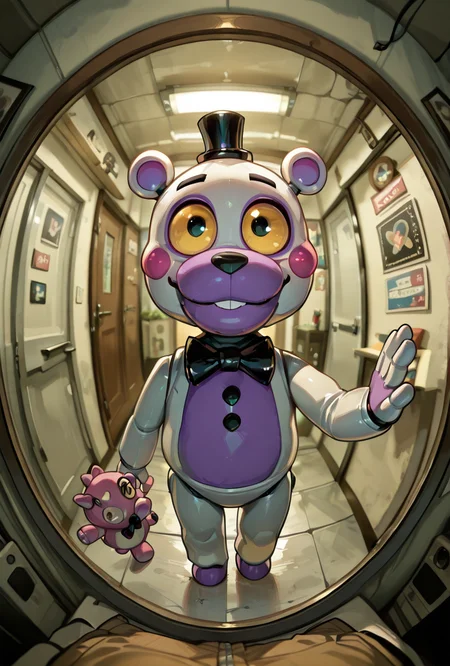 <lora:helpi-10:1> helpi, solo, top hat, bowtie, animal ears, mini hat, furry, .  teddy, animatronic, robot, toy , <lora:Fish_eye_view:1> Fisheye View, High-quality, detailed lighting, Circular frame, Exaggerated perspective, 360-degree view, looking into lens, masterpiece, best quality, amazing quality, very aesthetic, absurdres, newest,