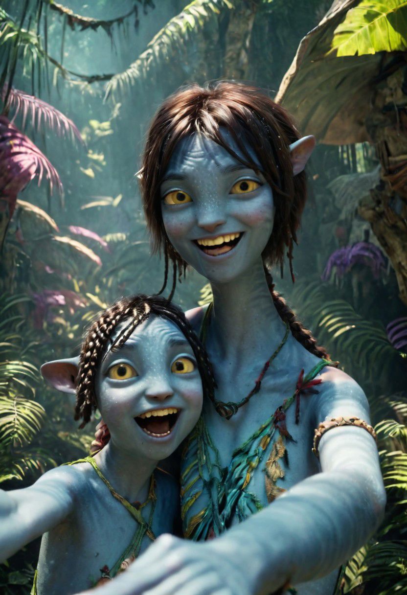 (Kiri) is (taking selfie) with hugging (Tuk), holding the camera with her hand, closeup, detailed faces, happy playful smiles, big eyes wide open, in a woods, in jungle (((two different))) girls, (((((age difference))))), detailed beautiful nature on background, SK_CINEMATIC