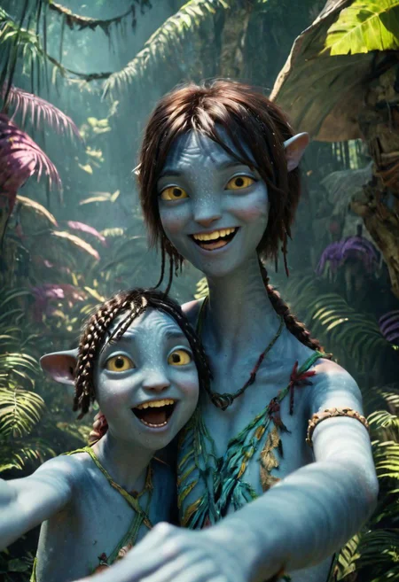 (Kiri) is (taking selfie) with hugging (Tuk), holding the camera with her hand, closeup, detailed faces, happy playful smiles, big eyes wide open, in a woods, in jungle (((two different))) girls, (((((age difference))))), detailed beautiful nature on background, SK_CINEMATIC