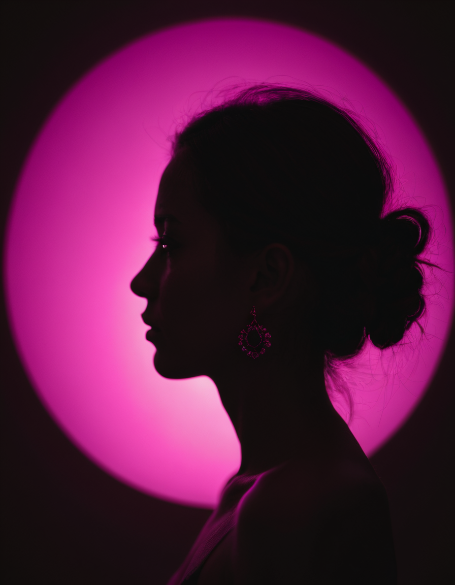 (silhouette:1.25),1 woman,dark background,blacklight,mid shot,full body,somber expression,looking down,dark energy,vibrant magenta,portal to another world,flat color,flat shading,ultra realistic,highres,superb,8k wallpaper,extremely detailed,intricate,limited palette,pink,