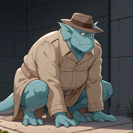 broadwayxl, anthro, teal gargoyle, fat, solo, cartoon, squatting, hand on ground, trench coat, indoor, brown fedora, beige belt, looking ahead, amazing quality, newest