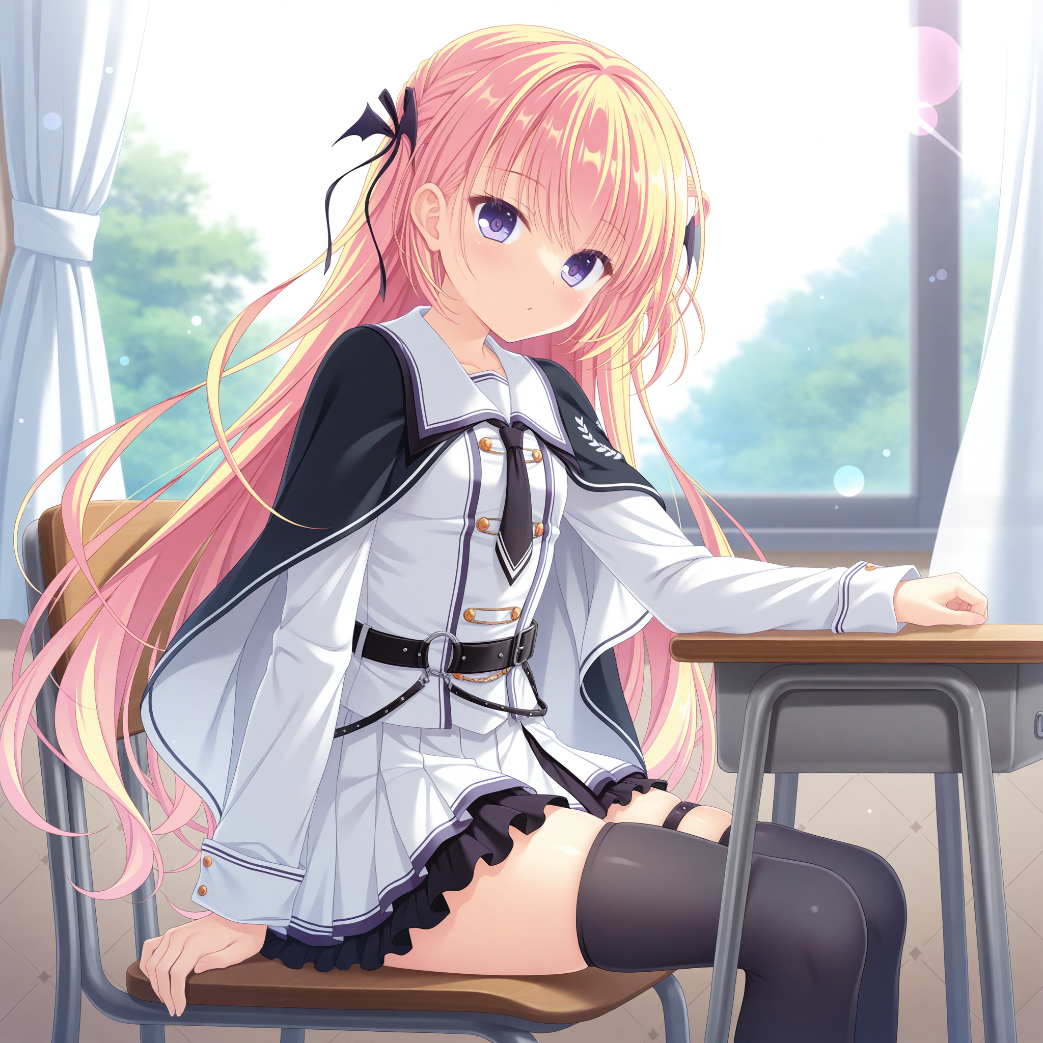 <lora:Yasaka_Menoa_1_nai-000039:1>,Yasaka Menoa,
black cape,white lining,hair ribbon,black ribbon,bat hair ornament,school uniform,short necktie,pleated skirt,white skirt,black thighhighs,miniskirt,long sleeves,black necktie,white jacket,thigh strap,black skirt,frilled skirt,layered skirt,white sailor collar,black belt,
BREAK
1girl,solo,looking at viewer,sitting,from side,arm support,on chair,desk,indoors,window,curtains,day,arm on table,depth of field,lens_flare,