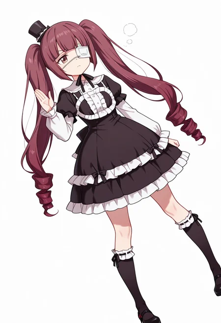 Smooth Quality,masterpiece,very intricate, high quality details, ultra realistic, high detailed skin,detailed enviorement,absurdres,
vulcan salute,
<lora:Hanazono_Yurine_CNR:0.8> yurine_cnr, brown hair,very long hair, brown eyes, medical eyepatch, frown, twintails, drill hair,
yurine_def_cnr, 1girl, gothic fashion, black dress, frilled dress, long sleeves, mini top hat, black socks, kneehighs, shoes, mary janes, ribbon-trimmed legwear,, simple background, white background, dynamic angle,solo,, exhausted,