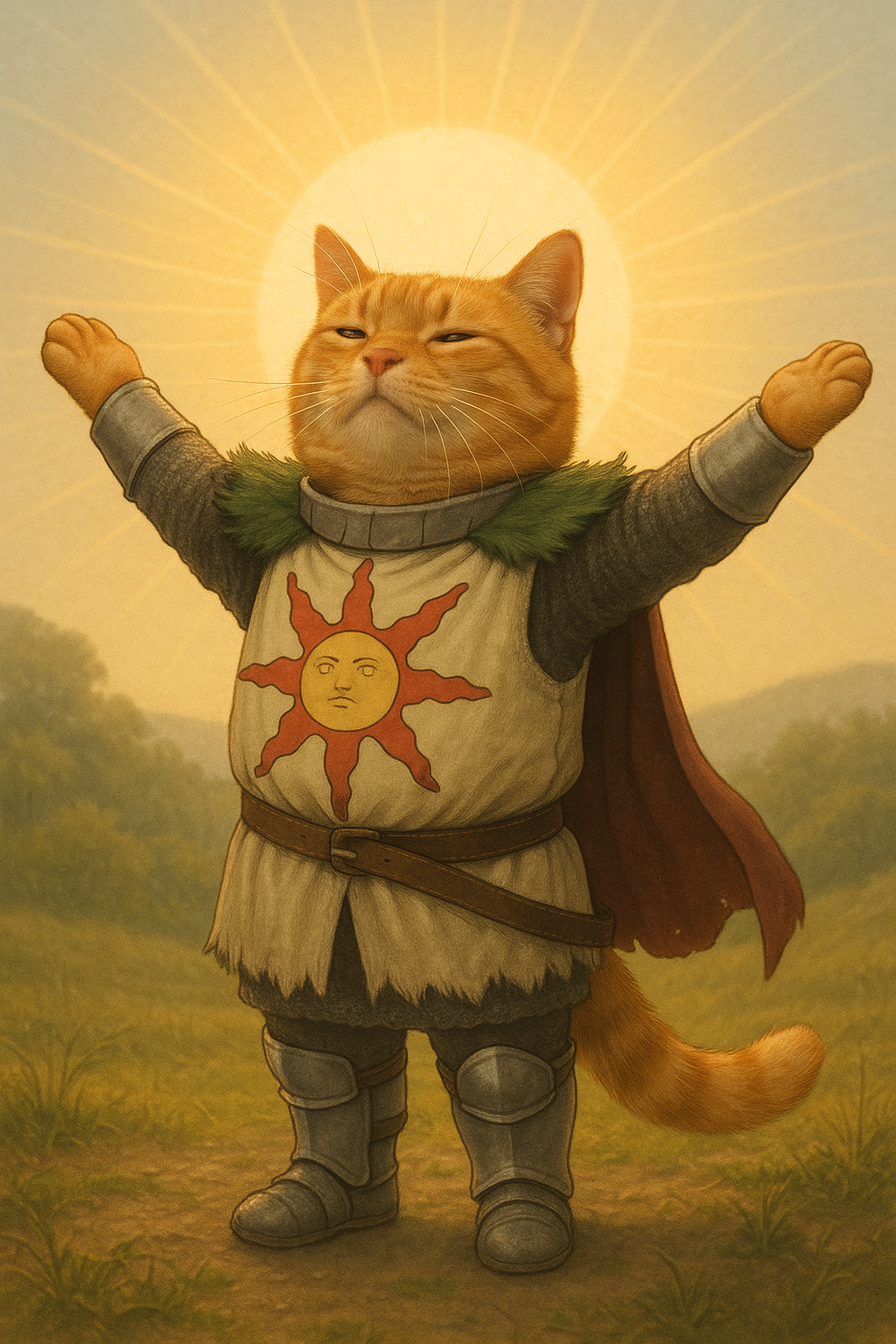 一只橘色猫咪cosplay黑魂3太阳骑士，猫猫太阳骑士，它张开双手，太阳骑士的标志动作，背后是刚升起的太阳，阳光普照，光明而神圣