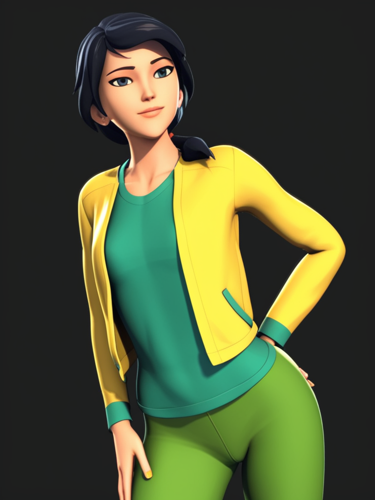 score_9, score_8_up, score_7_up, score_6_up, BREAK masterpiece, perfect face, perfect hands, high quality, source_cartoon, BREAK (1girl, solo,) <lora:June_Darby_-_Transformers_Prime:1> june, black hair, short hair, black eyes, low ponytail, (3D, cgi,)yellow open jacket, green shirt, green pants,