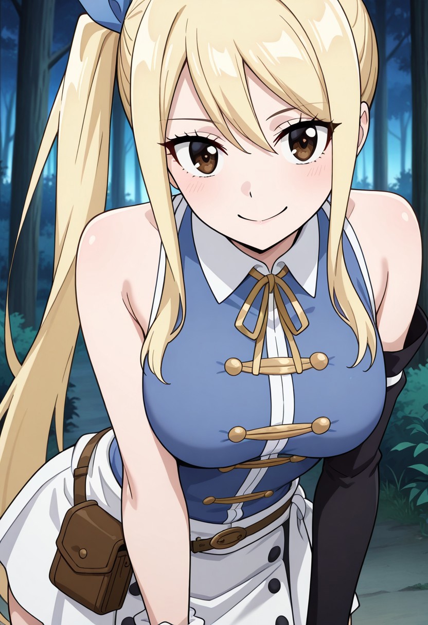 masterpiece, best quality, newest, anime screencap, 1girl, <lora:LucyHeartfiliaAvatartwo_Illu_Dwnsty:1>, lcyhrtavtrctwo, brown eyes, blonde hair, side ponytail, sidelocks, long hair, blue ribbon, hair ribbon, blue shirt, sleeveless shirt, collared shirt, yellow neck ribbon, scrunchie, single detached sleeve, black sleeve, white skirt, brown belt, belt pouch, white sash, perfect eyes, breast, shiny skin, expressive, smile, closed mouth, looking at viewer, forest, night, perfect anatomy