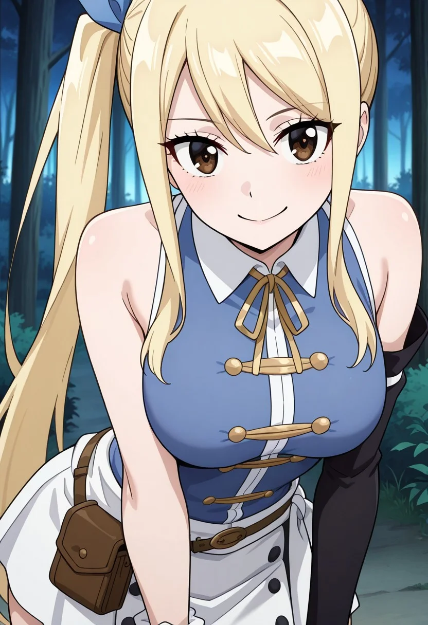 masterpiece, best quality, newest, anime screencap, 1girl, <lora:LucyHeartfiliaAvatartwo_Illu_Dwnsty:1>, lcyhrtavtrctwo, brown eyes, blonde hair, side ponytail, sidelocks, long hair, blue ribbon, hair ribbon, blue shirt, sleeveless shirt, collared shirt, yellow neck ribbon, scrunchie, single detached sleeve, black sleeve, white skirt, brown belt, belt pouch, white sash, perfect eyes, breast, shiny skin, expressive, smile, closed mouth, looking at viewer, forest, night, perfect anatomy