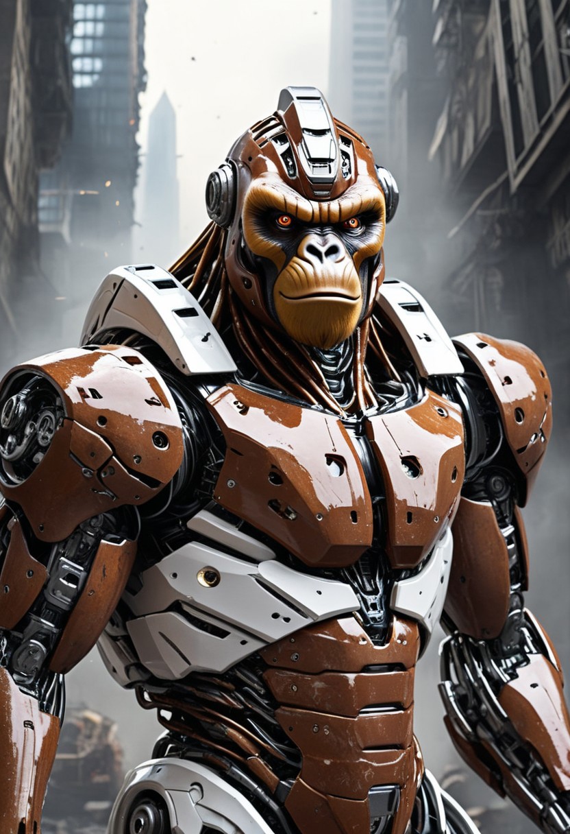 Create an epic war robot inspired by the polished reddish-brown metal of an Indonesian orangutan. The robot features a towering, muscular body covered in sleek, smooth armor with a polished metal finish, blending smooth curves with sharp lines for an imposing yet agile appearance. Its aerodynamic form showcases a broad chest and powerful limbs, while its face has a futuristic orangutan-like design with glowing, fierce eyes radiating an intimidating light. Both arms are equipped with seamlessly integrated machine guns and rocket launchers, ready for battle. The robot faces off against an equally massive war robot in vibrant, contrasting armor, their glares locked in a fierce confrontation. The backdrop is a chaotic alien cyberpunk city in ruins, with explosions, collapsing skyscrapers, and debris scattering the scene. Alien spaceships hover in the sky, while dynamic lighting enhances the contrast between the polished metal and the raw power of the robots, capturing an intense moment of close combat. High detail, cinematic colors, and a thrilling movie-like atmosphere