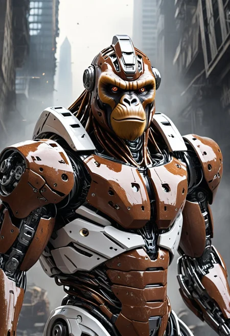 Create an epic war robot inspired by the polished reddish-brown metal of an Indonesian orangutan. The robot features a towering, muscular body covered in sleek, smooth armor with a polished metal finish, blending smooth curves with sharp lines for an imposing yet agile appearance. Its aerodynamic form showcases a broad chest and powerful limbs, while its face has a futuristic orangutan-like design with glowing, fierce eyes radiating an intimidating light. Both arms are equipped with seamlessly integrated machine guns and rocket launchers, ready for battle. The robot faces off against an equally massive war robot in vibrant, contrasting armor, their glares locked in a fierce confrontation. The backdrop is a chaotic alien cyberpunk city in ruins, with explosions, collapsing skyscrapers, and debris scattering the scene. Alien spaceships hover in the sky, while dynamic lighting enhances the contrast between the polished metal and the raw power of the robots, capturing an intense moment of close combat. High detail, cinematic colors, and a thrilling movie-like atmosphere