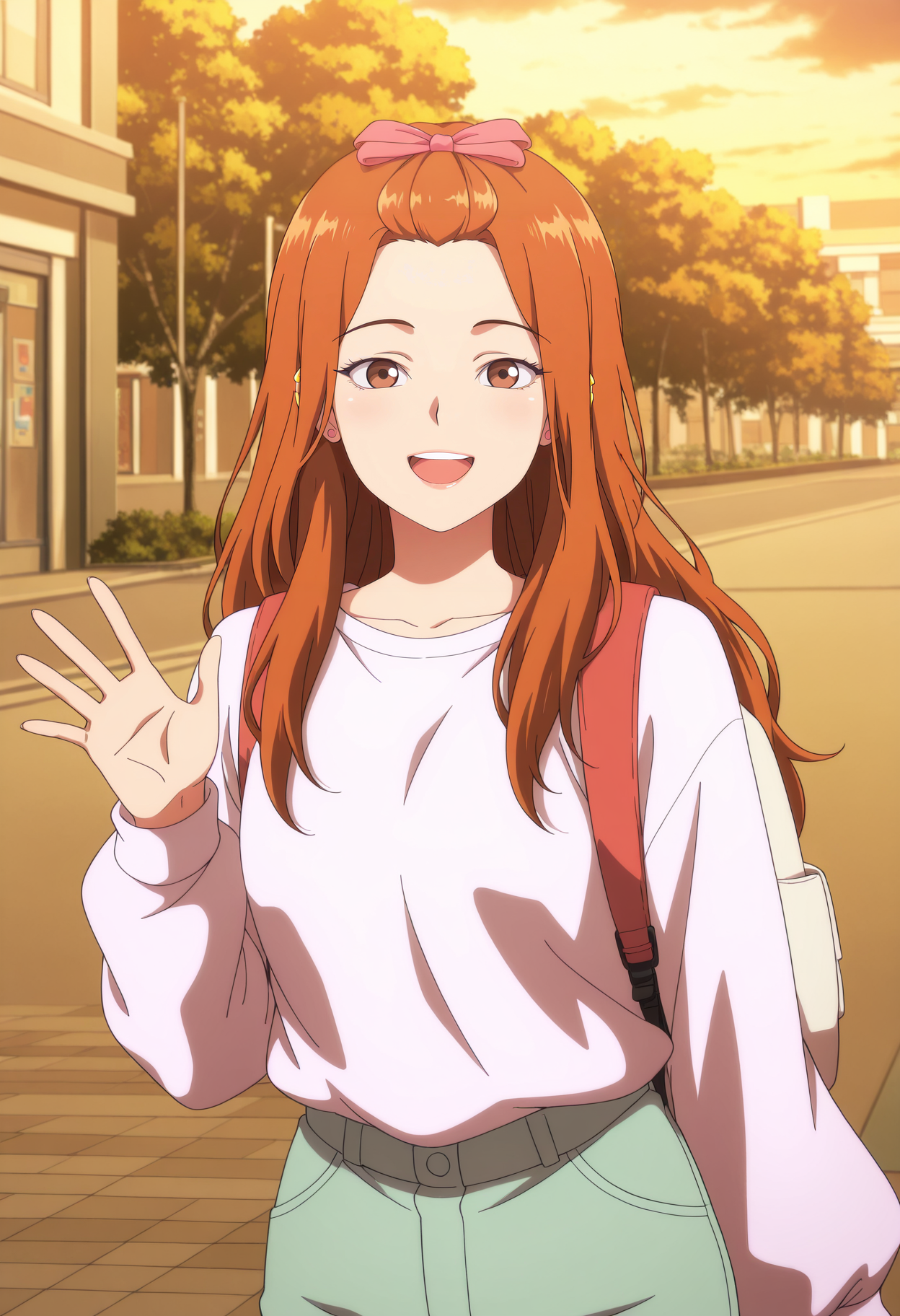 1girl,solo,mm,mature female,long hair,brown hair,brown eyes,ear piercing,anime coloring,
hair ribbon,hair bow,shirt,pants,backpack , looking at viewer, waving,college,university,smile,open mouth,outdoors
,masterpiece,best quality,amazing quality,<lora:Ira_Choi-The_Girl_Downstairs:0.8>