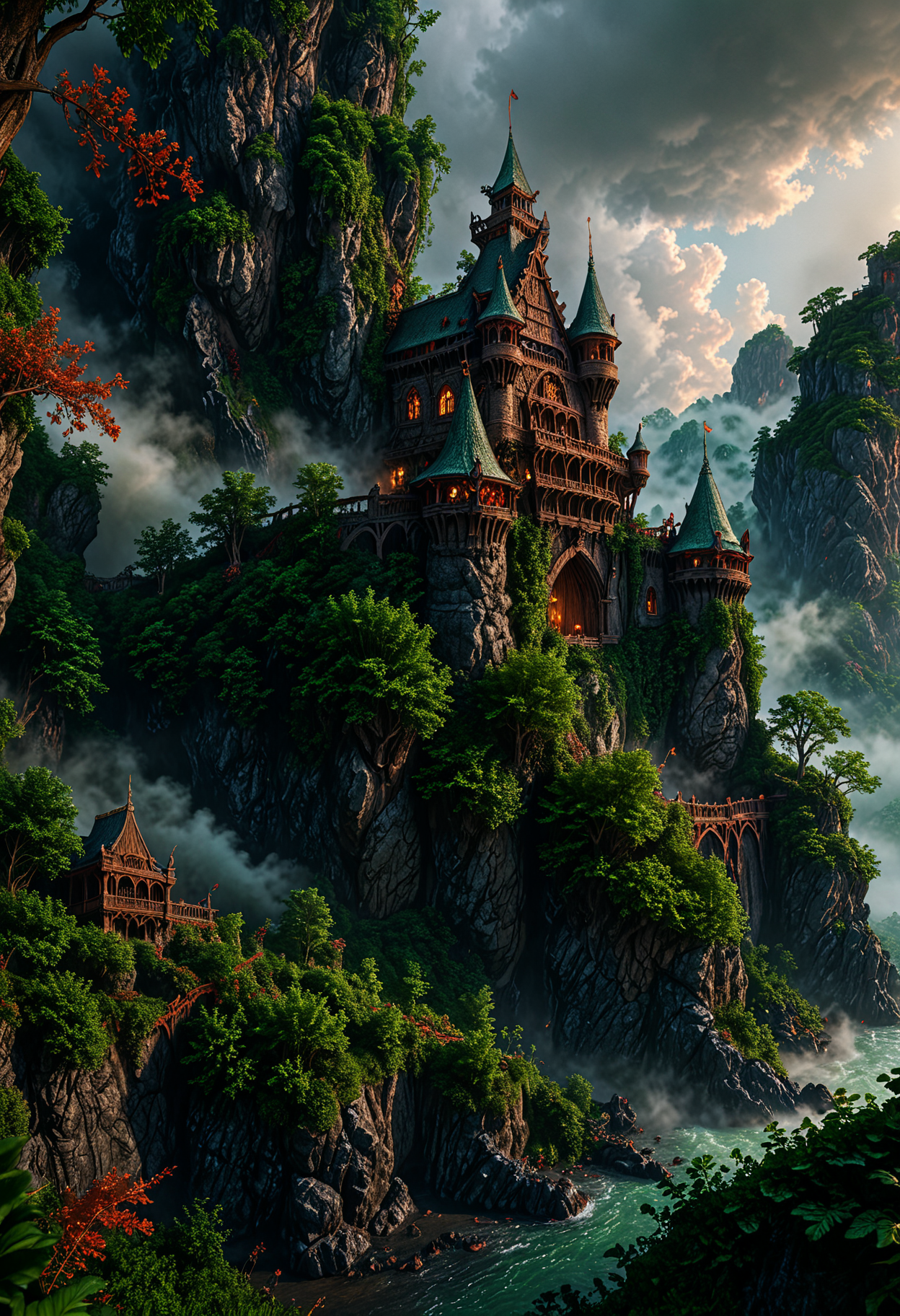 A stunning, vibrant cinematic photograph of a mysterious old castle in the mist-shrouded foothills of a mystical forest, fantasy art that evokes a sense of high-stakes drama in the style of Image's comic book photography, photo-realistic textures and film grains immerse the viewer in the scene, bathed in warm, golden light dotted with emerald greens and crimson reds, as if the forest itself were ablaze, the Ethereal clouds surround the forest, capturing the intensity of the fight for survival.
 <lora:MJ52_v1.3:0.3> <lora:aesthetic:1.50> aesthetic  <lora:great_lighting:1.50> great lighting  <lora:sd_xl_dpo_lora_v1:0.25>  <lora:Perfect Hands:0.5>  <lora:detailed_notrigger:1.5>  <lora:photorealistic_portrait_notrigger:1.5> <lora:clothing_slider_v19:2> <lora:RMSDXL_Enhance:0.5> <lora:RMSDXL_Creative:0.5> <lora:RMSDXL_Darkness_Cinema:0.5> <lora:RMSDXL_Photo:0.5> <lora:xl_more_art-full_v1:0.3>