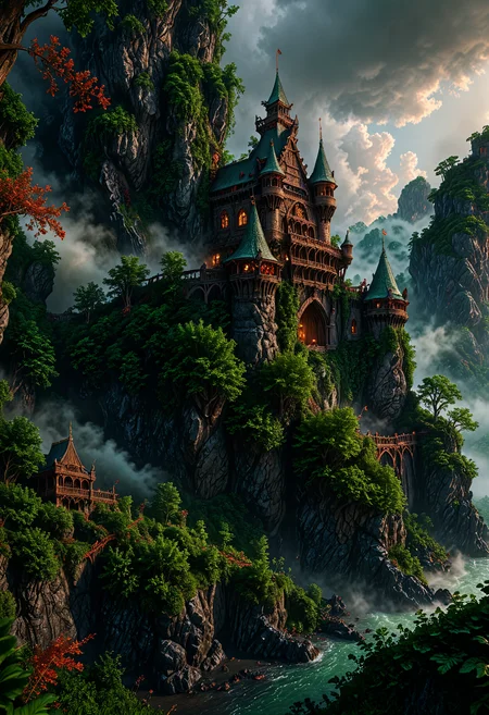 A stunning, vibrant cinematic photograph of a mysterious old castle in the mist-shrouded foothills of a mystical forest, fantasy art that evokes a sense of high-stakes drama in the style of Image's comic book photography, photo-realistic textures and film grains immerse the viewer in the scene, bathed in warm, golden light dotted with emerald greens and crimson reds, as if the forest itself were ablaze, the Ethereal clouds surround the forest, capturing the intensity of the fight for survival.
 <lora:MJ52_v1.3:0.3> <lora:aesthetic:1.50> aesthetic  <lora:great_lighting:1.50> great lighting  <lora:sd_xl_dpo_lora_v1:0.25>  <lora:Perfect Hands:0.5>  <lora:detailed_notrigger:1.5>  <lora:photorealistic_portrait_notrigger:1.5> <lora:clothing_slider_v19:2> <lora:RMSDXL_Enhance:0.5> <lora:RMSDXL_Creative:0.5> <lora:RMSDXL_Darkness_Cinema:0.5> <lora:RMSDXL_Photo:0.5> <lora:xl_more_art-full_v1:0.3>