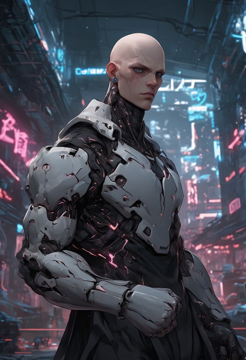 cpunk, 
1boy, cyberpunk arms, cool pose, bald, pale skin, cyberpunk background, boxing pose