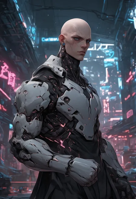 cpunk,
1boy, cyberpunk arms, cool pose, bald, pale skin, cyberpunk background, boxing pose