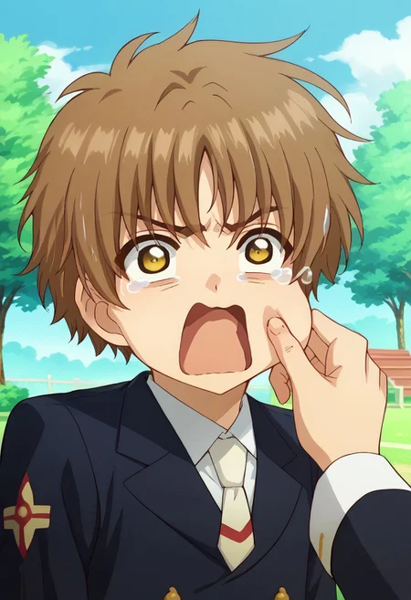 score_9, score_8_up, score_7_up, source_anime, 1boy, Li Syaoran, brown hair, yellow eyes, cheek pinching, School uniform, pov hands, <lora:PinchingPOVOneHand_XLPD:1>, upper body, outdoors, <lora:concept_aquascreaming_ponyXL:1> aquascreaming, screaming, open mouth, crying with eyes open,