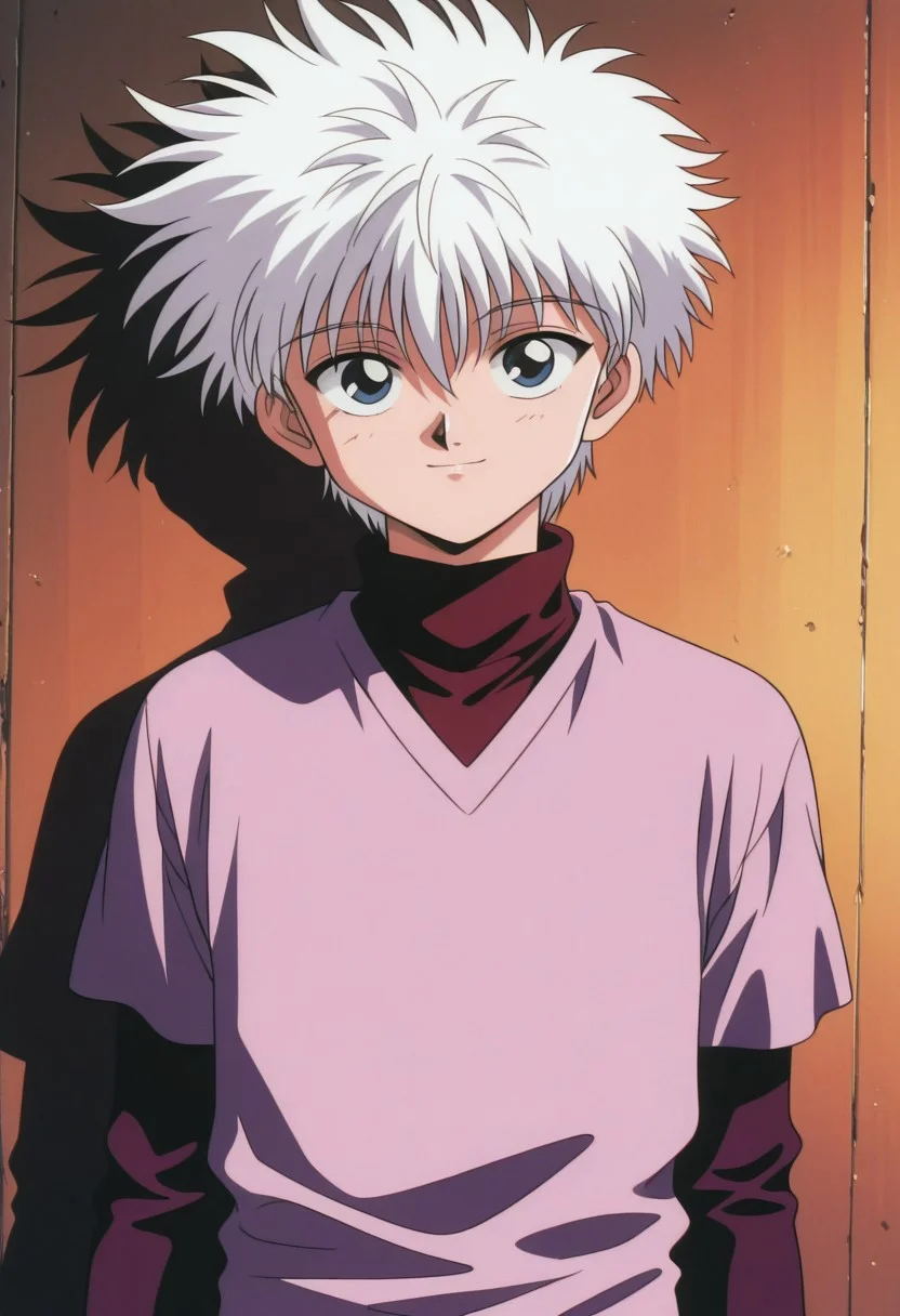 masterpiece,best quality,amazing quality, source_anime, retro_artstyle,
KiruaZorudikku, 1boy, male focus, solo, blue eyes, white hair, red shirt, turtleneck, purple shirt, short over long sleeves, light smile, looking at viewer,
