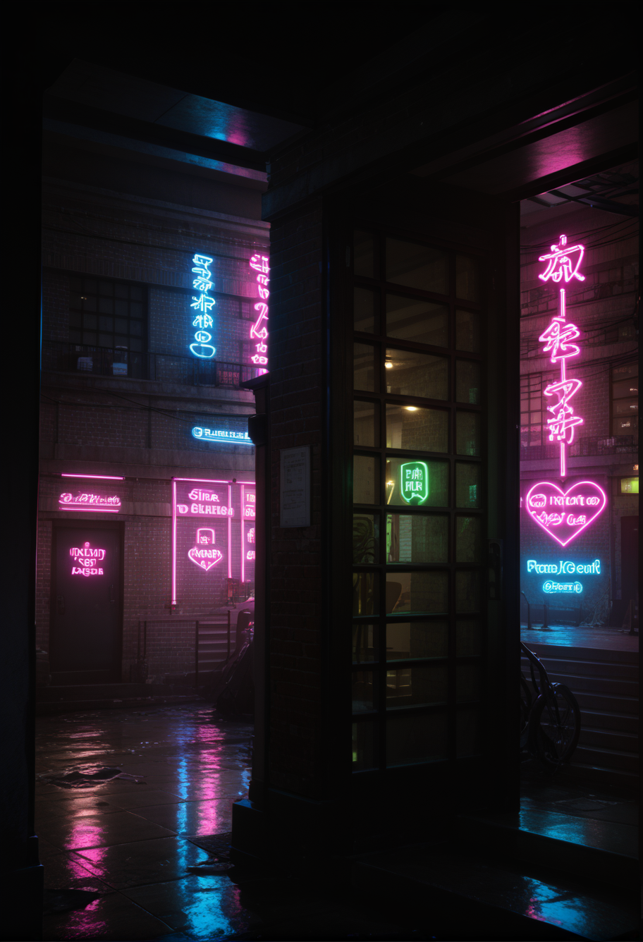 ,ruanyi1122,neon lights,building,glowing,door,<lora:1122 red light district_v1_pony:1>, score_9,score_8_up,score_7_up,,8k,1girl,solo,,