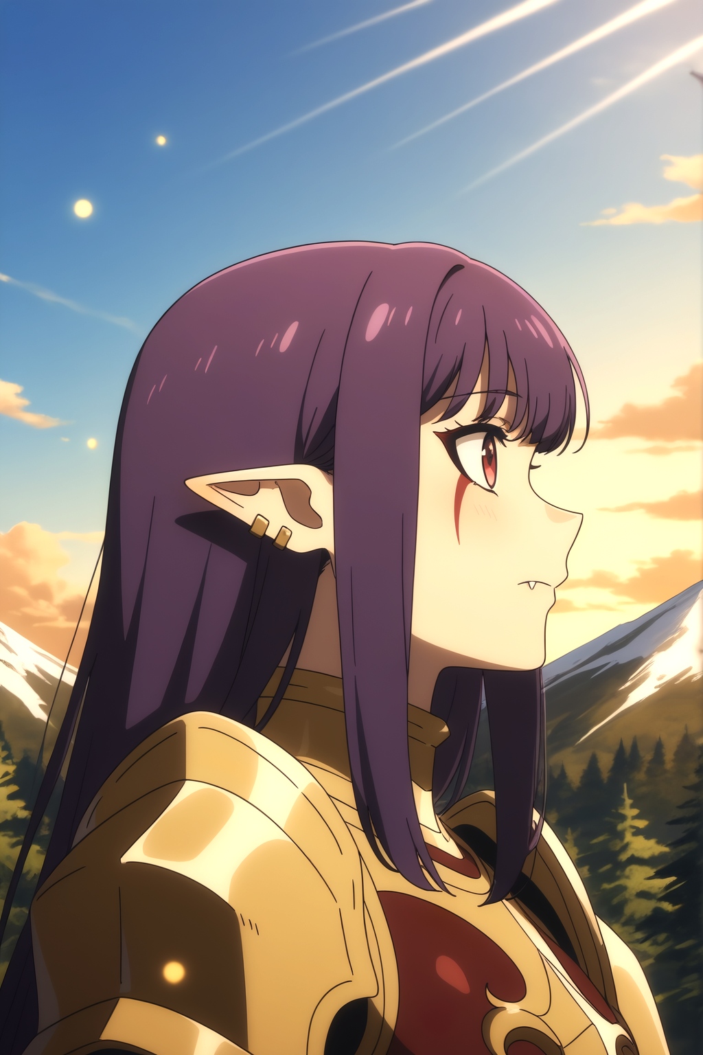 <lora:EsilRadiru:0.8> Esil Radiru, anime screencap, purple hair, long straight hair, red eyes, pointed ears, fangs, pale skin, golden ornate armor, burgundy armor accents, facial mark, gentle expression, contemplative pose, solo leveling style, upper body, from waist up, looking to the side, looking into distance, scenic view, fantasy forest, anime landscape, lush forest, ancient trees, morning mist, sunlight through trees, forest clearing, mountain range, distant mountains, magical forest, glowing fireflies, fantasy atmosphere, dramatic lighting, high contrast, soft magical effects, centered composition, depth of field, detailed background, ethereal atmosphere, morning sky, golden sunlight, close-up shot, profile view, serene expression, thoughtful pose, nature beauty