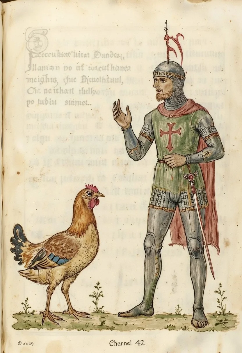 *Channel_42*
Illuminated manuscript illustration of the knighting of George, The Frog of Destiny, and a random chicken.