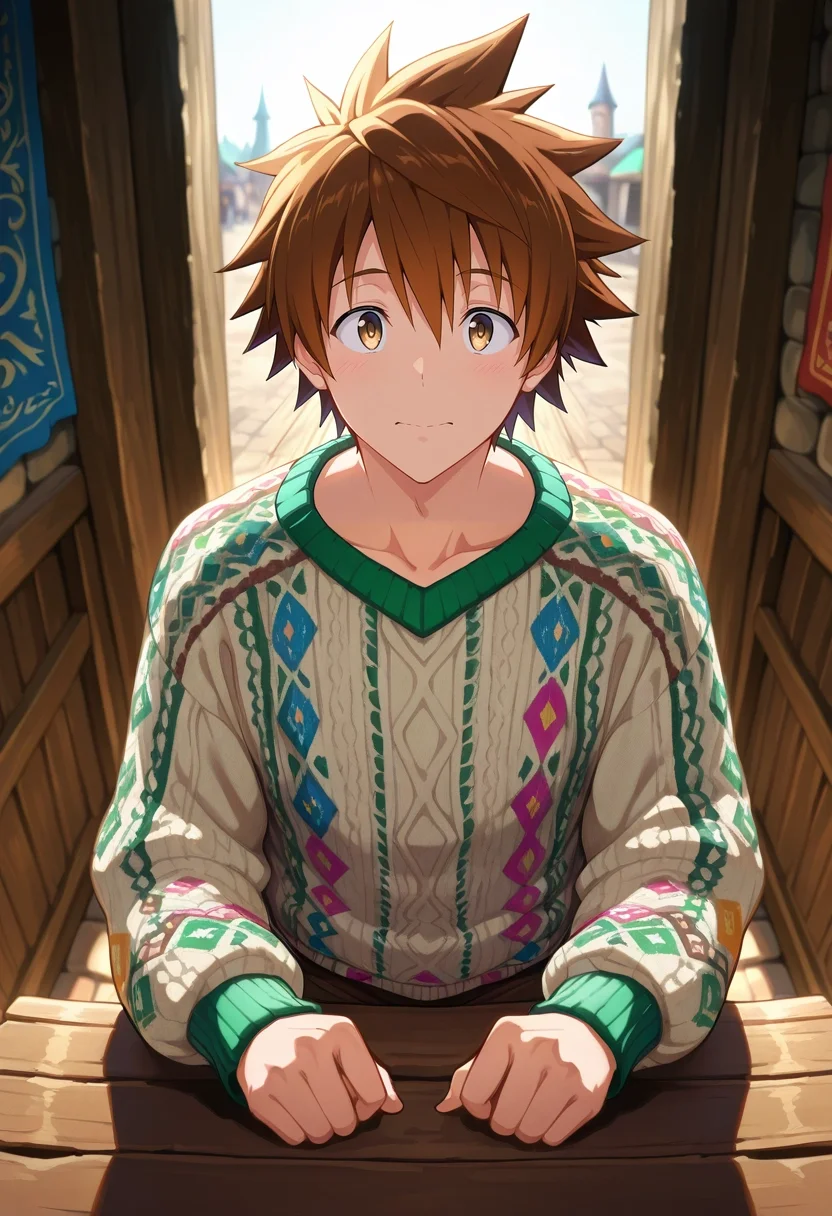 masterpiece, best quality, intricate details, , looking at viewer, 1boy, solo, male focus, <lora:rito_yuuki_ilxl:0.94>, rito_yuuki, brown hair, brown eyes, spiked hair, medieval market, wooden stalls, colorful fabrics, bustling townsfolk, bargaining pose, lively expression, bright daylight, sweater, caps