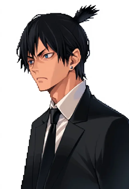 score_9, score_8_up, score_7_up, source_anime, 1boy, solo, neutral expression
<lora:zs_DevilSurvivorPortraitsXL:1> devilsurvivorportraits, portraits, white background
<lora:csm_akihayakawa_ponyXL:1> hayakawa aki, black hair, topknot, blue eyes, formal, black suit, black jacket, suit jacket, long sleeves, white shirt, collared shirt, black necktie, stud earrings