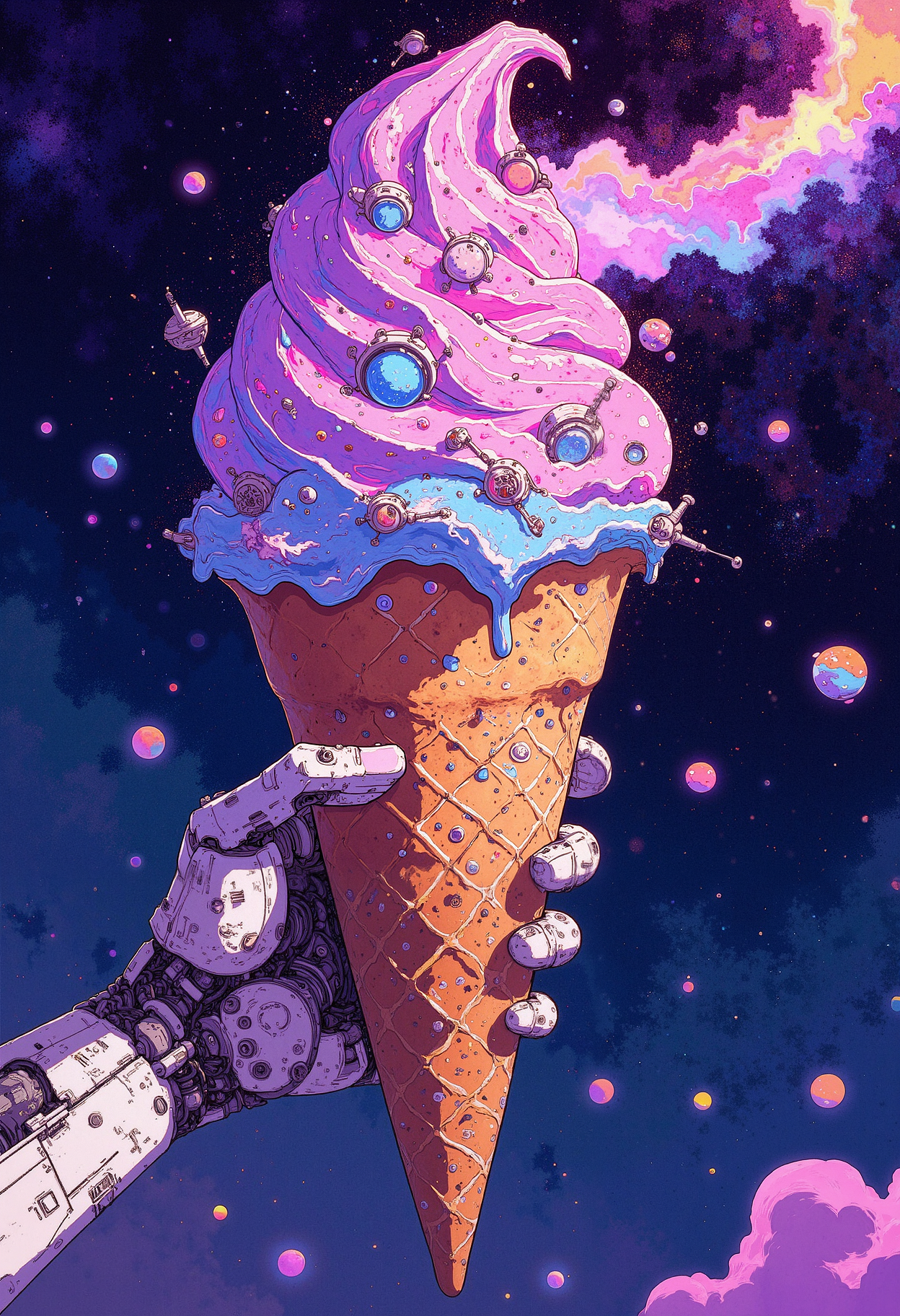A colossal ice cream cone with swirling galaxies instead of ice cream, held by a robotic arm extending from the side of a spaceship. The ice cream is made of glowing stars, nebulae, and cosmic dust, with tiny spaceships and planets orbiting around the cone. The background is deep space, with colorful supernovas exploding in the distance. The scene is surreal and whimsical, blending the playful nature of ice cream with the vastness and mystery of space.   <lora:CPA:0.83> <lora:anime_martzv2:0.53> anime_martz,  <lora:FLUX-daubrez-DB4RZ:0.33> DB4RZ, DB4RZ style painting,