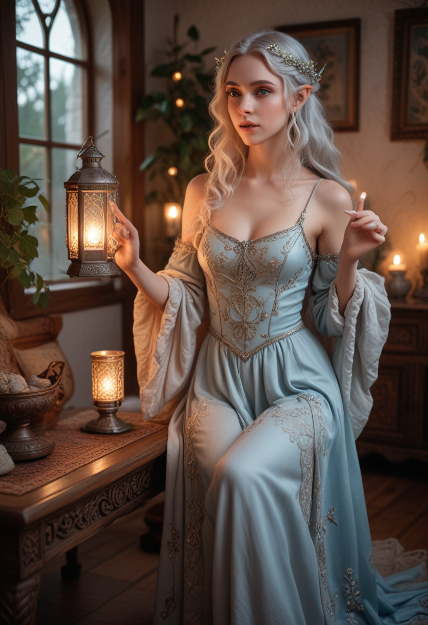 ((fashion photography)), perfect face, perfect eyes, (medium full shot) of  (delicate elf) young female, Medium, moon elf, light blue skin, silver eyes, loose curls hair, wearing a silver square neck elven gown with intricate neckline  , leaf-embroidered flats, gemstone pendant necklace, natural blush, carrying a glowing firefly lantern, set in  Elfic Living Room, Cosy space with a crackling fireplace, intricately carved wooden furniture, plush cushions adorned with intricate embroidery, delicate elven artwork adorning the walls, a soft rug made of natural fibers , during a sunset, surprised, open mouth, pointing her finger at the viewer, masterpiece, best quality, photorealistic, very aesthetic