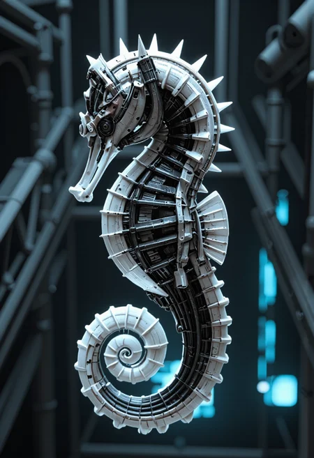 A seahorse with its curled tail as a perfect spiral.,<lora:geometric_shapes_v1.0:1.0>, geometric_shapes, <lora:ck-Sci-Fi-Concepts-000015:0.2>, in the style of ck-sfc, <lora:scifi-robot-flux-v1:0.2>, scifi robot, <lora:scifi-room-flux-v1:0.2>, scifi room, <lora:Sci-fi_env_flux:0.2>, <lora:UNI_FI_NoCAP:0.2>, cinematic lighting, futuristic, sci-fi, plastic, glossy paper, iso150, 35mm, score_9, intricate details, Hyperrealism style, 3d, concept-art, dreaminess, psychedelic, shallow-depth-of-field, cinematic lighting, soft bokeh, very beautiful composition, Unreal, real-time 3D, Epic Games style, Unreal Engine style, 3d-rendering, vibrant contrast depth and shadow enhanced using (Gaussian blur) for a soft background focus, (sharpen filter) applied, (color grading) to enhance contrast between warm and cool tones, (noise reduction) for a smooth, clean finish, (HDR toning) used for extra depth and detail, highly detailed dreamy background detailed skin texture, subsurface scattering award-winning, professional, highly detailed, dreamlike, mysterious, provocative, symbolic, intricate, detailed, hyper-detailed, masterpiece, award winning, midjourneyv6.1