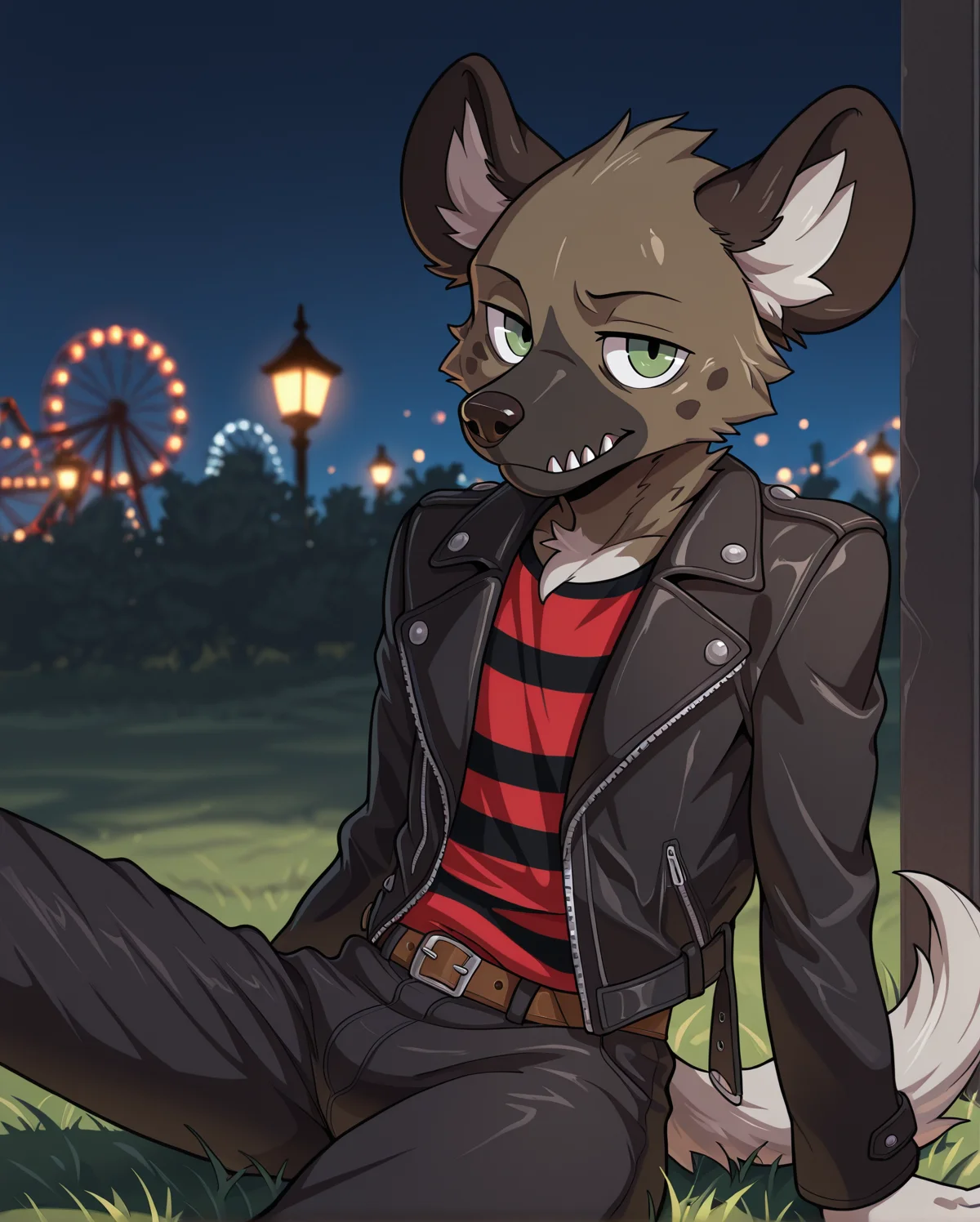 <lora:Haida__Aggretsuko__Character_Illustrious:1>, 
masterpiece, best quality, amazing quality, very aesthetic, depth of field, focused subject,  stylized,  night park, close-up, 
furry, haida, hyena, (((only male:2))), green eyes, solo, tail, 
black jacket, striped shirt, belt, black pants, 
sitting on grass,