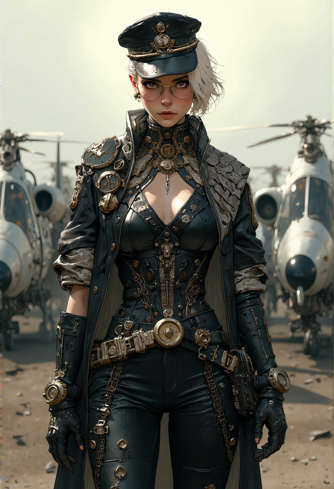Steampunk style, glasses, 1girl, young, white hair,gothic military steampunk army officer, seductive,military cap, cape,   Victorian corset and leather pants,necklace, slim white body, small waist, gloves, leather elbow gloves, expensive jewelry ,, pale skin, curvy body, freckles, athletic body, abs, blush, slim waist,serene, untouched beauty, clear, lively, detailed face, upper body accent, short hair, dark makeup, goddess, brown eyes, seductive look, Victorian influence, steam-powered tech, neo-Victorian, steampunk
dynamic pose
she stands on a military airfield with parked steampunk helicopters lined up in the background
gothic themed
<lora:CPA:0.8> <lora:FluxMythP0rtr4itStyle:0.6> mythp0rt  <lora:FLUX-daubrez-DB4RZ-v2:0.3> DB4RZ, glow effects, godrays, Hand drawn, render, 8k, octane render, cinema 4d, blender, dark, atmospheric 4k ultra detailed, cinematic, Sharp focus, big depth of field, Masterpiece, colors, 3d octane render, 4k, concept art, trending on artstation, hyperrealistic, Vivid colors, extremely detailed CG unity 8k wallpaper, trending on CGSociety, Intricate, High Detail, dramatic