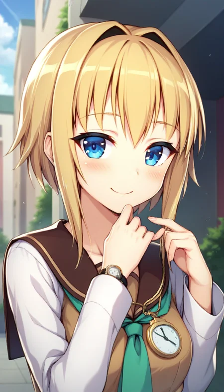 score_9,score_8_up,score_7_up,score_6_up BREAK official art,solo,outdoors,upper body,(portrait:1.5),looking at viewer,facing viewer,smile,blush,(petite:2),Konica Yaegaki,long hair,blonde hair,hair intakes,sidelocks,short hair with long locks,hair between eyes,bangs,blue eyes,labcoat,school uniform,brown sailor collar,green neckerchief,brown shirt,pocket watch,long sleeves,medium breasts,miniskirt,brown skirt,pleated skirt,thighs,black socks,loafers,brown footwear,<lora:Konica Yaegaki(tl)-Pony:1.2>,