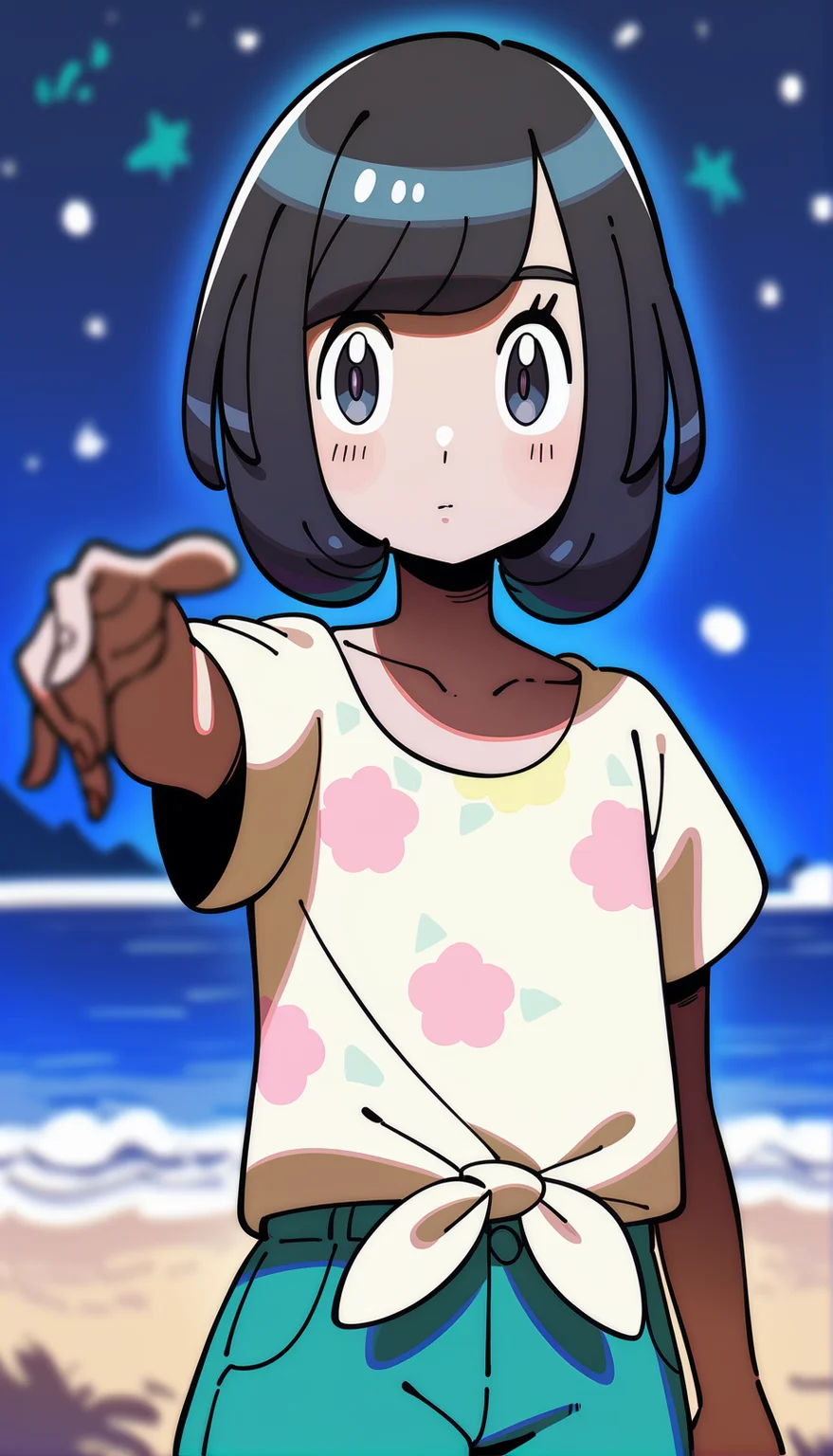 score_9,score_8_up,score_7_up,
highres,highly detailed,
<lora:selene>,pm_selene,
1girl,solo,black hair,short hair,bangs,
grey eyes,looking to the side,
yellow short sleeves shirt,collarbone,tied shirt,
upper body,
blurry background,vignetting,outdoors,sea,night,starry background,