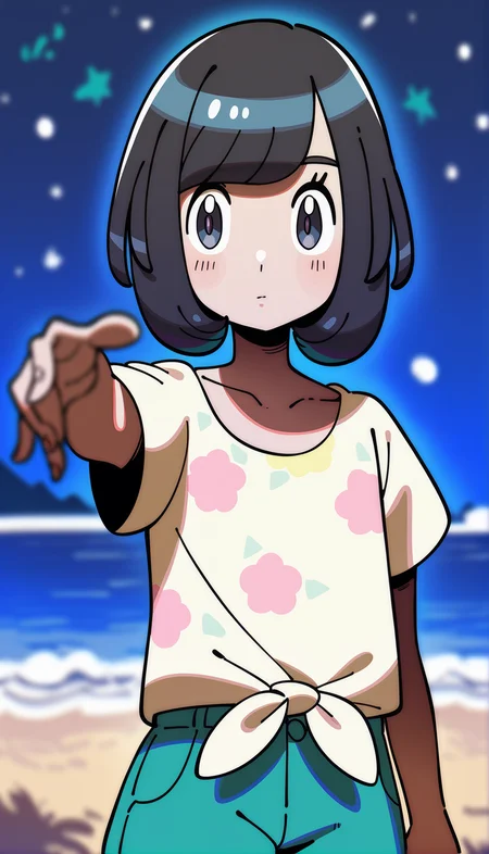 score_9,score_8_up,score_7_up,
highres,highly detailed,
<lora:selene>,pm_selene,
1girl,solo,black hair,short hair,bangs,
grey eyes,looking to the side,
yellow short sleeves shirt,collarbone,tied shirt,
upper body,
blurry background,vignetting,outdoors,sea,night,starry background,