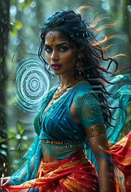 cinematic photo of Indian women, 1girl, professional, 4k, highly detailed, saree, wet hair, long hair, red lips, mature, cleavage, Heavy rain, cold look in eyes, glowing eyes, Highly detailed eyes, ((Spell rings, runic circles, mystical power, blue glowing particles, ais-darkpartz)), BadDream, OverallDetail, Bokeh blur, colorful, cp2077, masterpiece, photorealistic, tribal top, tribal sarong, tribal bodypaint,, meadow background, wind magic, green magic, wind,