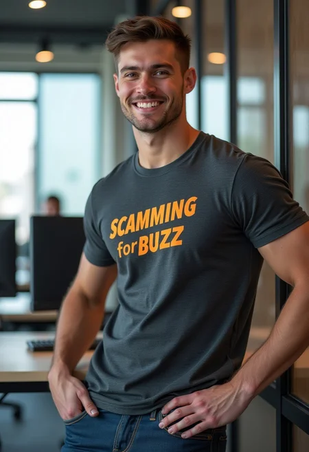 Photo of (handsome, 20 yo male, smiling at viewer, confident expression, muscular, athletic). He leans against an office wall of a startup tech support company. He wears a graphic t-shirt that says "Scamming for Buzz". Hands on hips. Computers, sleek office space. Buzz in orange text.