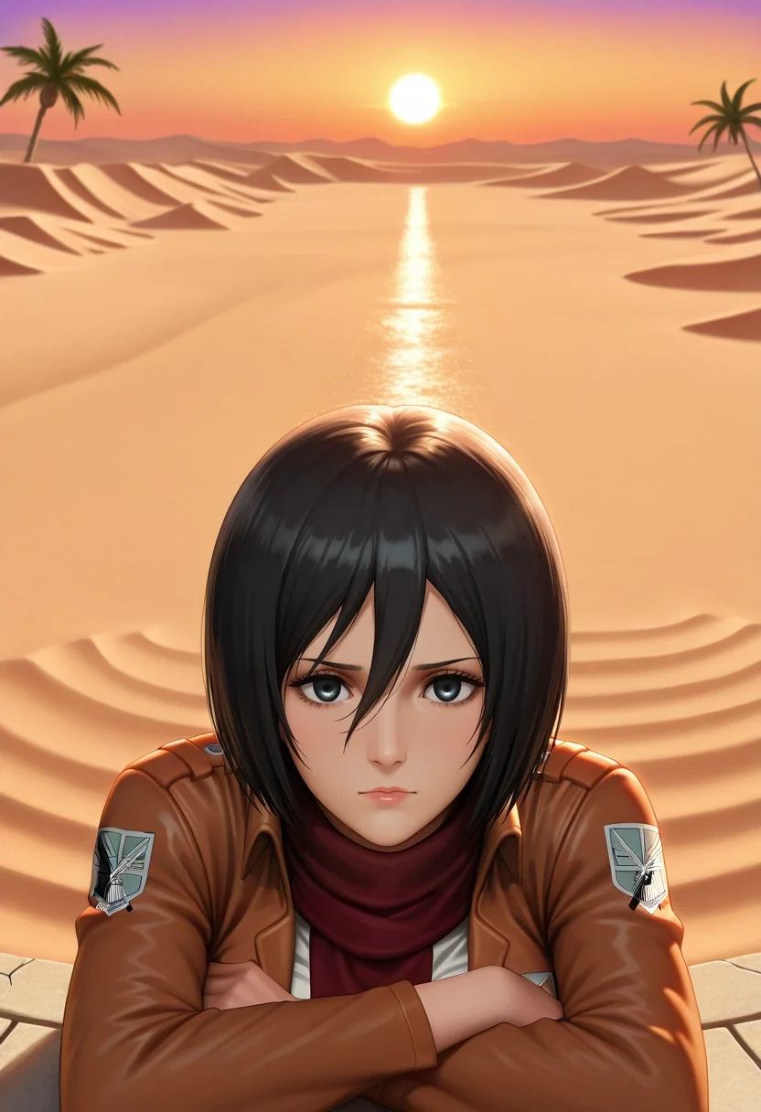 masterpiece, best quality, , (photorealistic:0.6), looking at viewer, , 1girl, solo, <lora:mikasa_ackerman_ilxl:0.98>, mikasa_ackerman, black hair, black eyes, hair between eyes, short hair, scarf, jacket, paradis military uniform, , desert oasis, palm trees, water pools, sand dunes, resting pose, relieved expression, sunset,