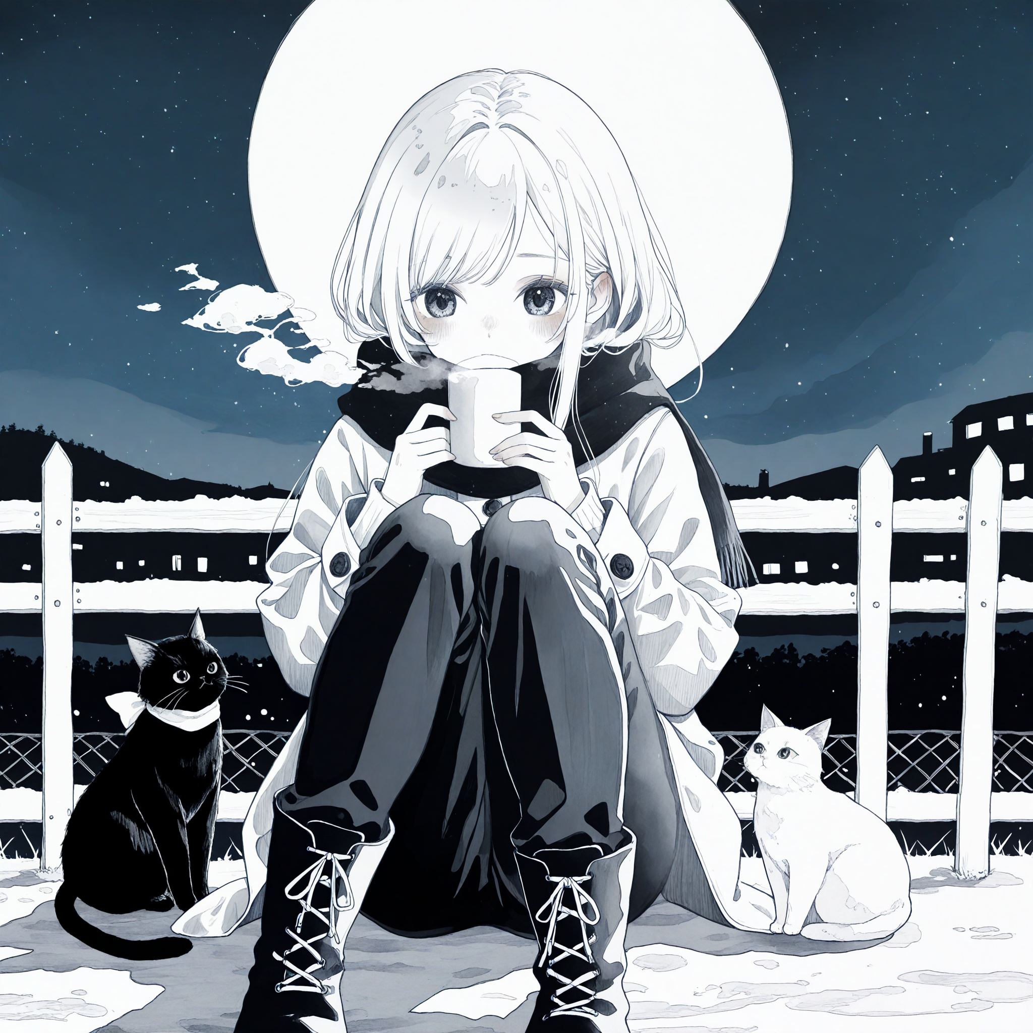 <lora:osetoiro_art_n16c16_nai_loha:1.1>,osetoiro art,
scarf,1girl,cat,sitting,night,solo,sky,moon,blush,night sky,knees up,boots,fence,outdoors,full moon,coat,traditional media,monochrome,long sleeves,pants,swept bangs,knees together feet apart,holding,steam,star \(sky\),long hair,breath,