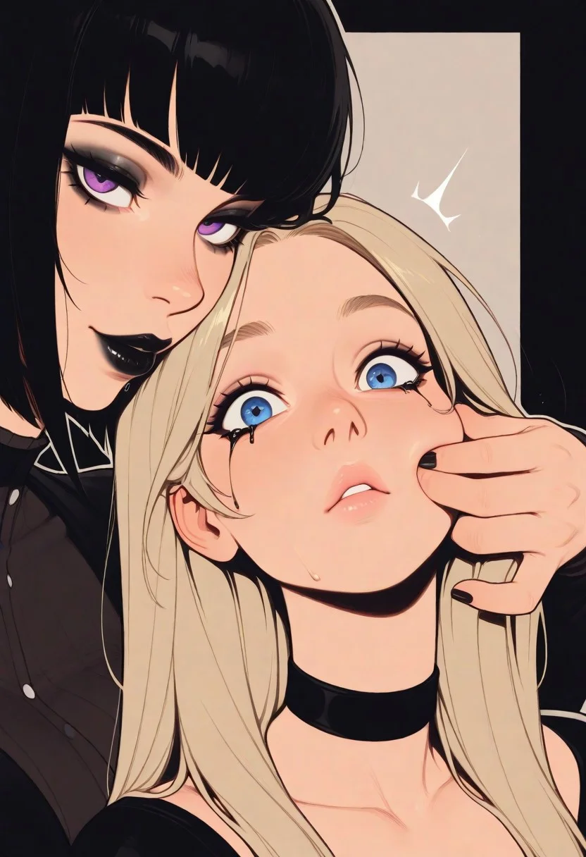 HDR, 8K, high contrast, masterpiece, best quality, amazing quality, very aesthetic, realistic, newest, volumetric lighting, (artist:incase:0.5), (artist:tsuaii:0.5), (flat colors:2), ultra detailed, nsfw, portrait, extreme closeup, close up,
2girls, girls next to each other, faces touching, cheeks rubbing, face next to each other, sexy,
girl is behind, purple eyes, black hair, wolf cut hair, long hair, goth makeup, goth look, black choker, dark makeup, mascara tears, black mascara, black lipstick, dripping lipstick, curvy, holding others hair, seductive expression, Expressiveh
attractive, big eyes, blue eyes, light blonde hair, (long hair), (long straight hair:1.4), parted bangs, hair on face, long hair strands, long hair ahead, long bangs, detailed hair, ear behind hair, hidden ears, makeup, plump lips, lipstick, large breasts, curvy, looking at viewer, head tilt, hair flowing, Expressiveh, in front, surprised,
dynamic angle,