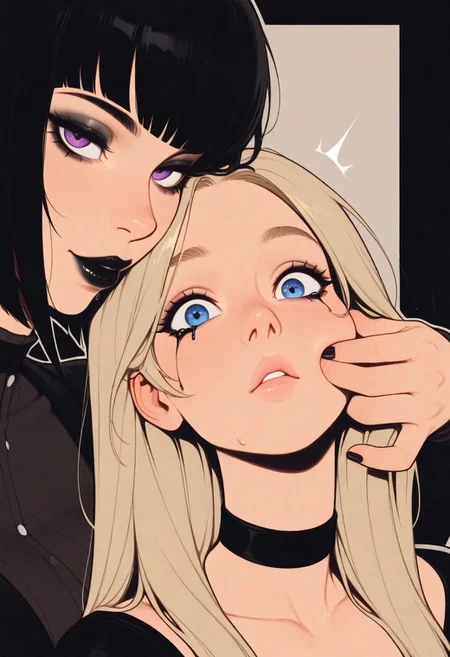 HDR, 8K, high contrast, masterpiece, best quality, amazing quality, very aesthetic, realistic, newest, volumetric lighting, (artist:incase:0.5), (artist:tsuaii:0.5), (flat colors:2), ultra detailed, nsfw, portrait, extreme closeup, close up,
2girls, girls next to each other, faces touching, cheeks rubbing, face next to each other, sexy,
girl is behind, purple eyes, black hair, wolf cut hair, long hair, goth makeup, goth look, black choker, dark makeup, mascara tears, black mascara, black lipstick, dripping lipstick, curvy, holding others hair, seductive expression, Expressiveh
attractive, big eyes, blue eyes, light blonde hair, (long hair), (long straight hair:1.4), parted bangs, hair on face, long hair strands, long hair ahead, long bangs, detailed hair, ear behind hair, hidden ears, makeup, plump lips, lipstick, large breasts, curvy, looking at viewer, head tilt, hair flowing, Expressiveh, in front, surprised,
dynamic angle,