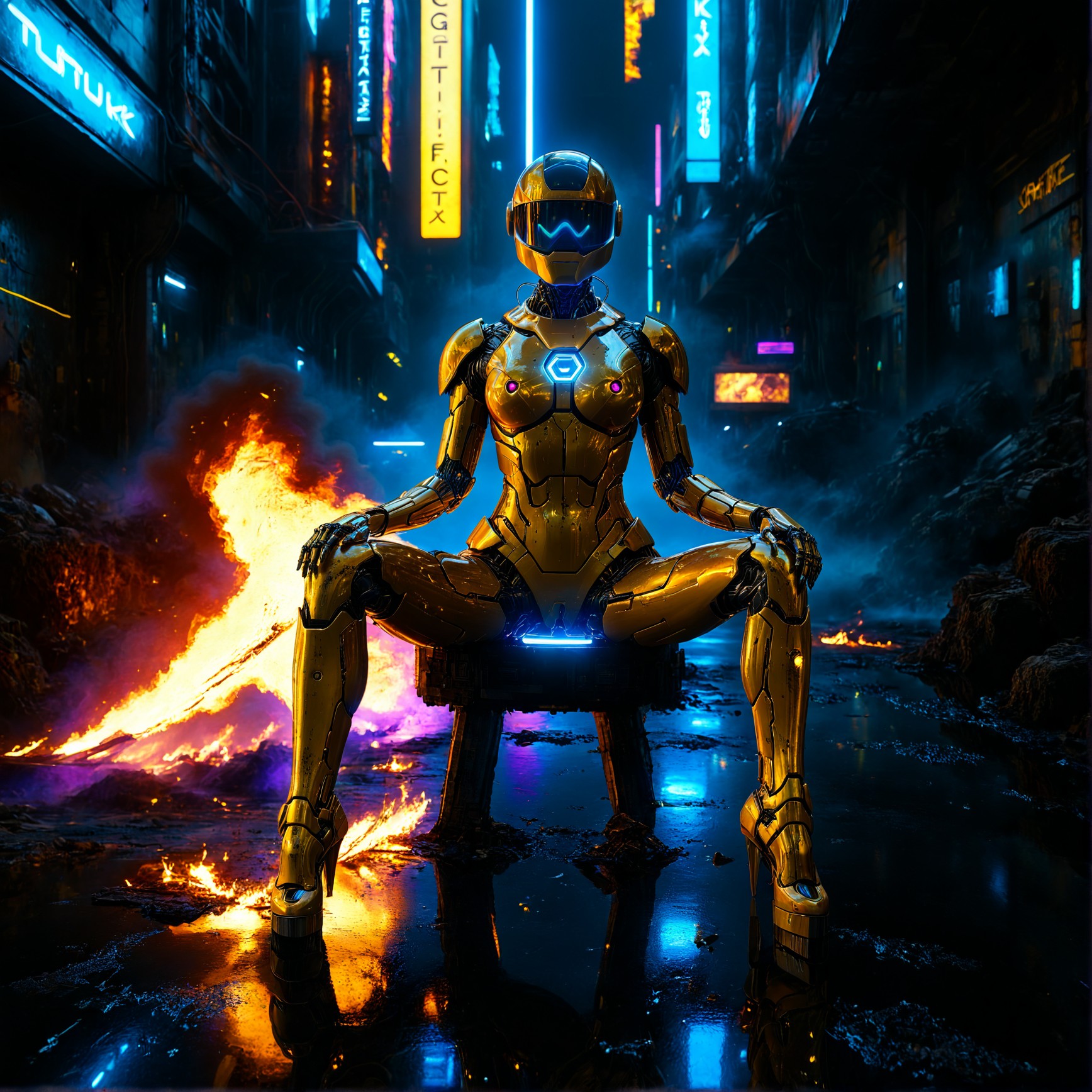 scifi post-apocalyptic theme, yellow, metall flake costume, glittering, futuristic golden,  cyborg, woman biorobot,  scratches, dents, heavy used outfit, black visor, right hand point to the viewer,sitting, bones on the bottom of the image, traces of fire, destraction,  in a neon cyber city, colorful, high contrast lighting, symmetric shot, smooth contours and sharp lines, sci-fi element, 3d rendering , atmospheric, best quality, sharp focus, high contrast, stylized, dark, clear, surreal, ultra quality, 8k, best quality, masterpiece, midjourneyv6.1, detailmaximizer <lora:MidjourneyV6.1:0.9> <lora:d\EnvyZoomSliderXL01:-3> <lora:add-detail-xl:1> <lora:SDXL_Breast Size Slider:0.6> <lora:Realism_Lora_By_Stable_yogi_SDXL8.1:1>  <lora:Mechanism-pdxl-1:0.1> <lora:cinematic color motion picture film style:0.8>  <lora:aidmaImageUpgraderSDXL-v0.3:0.4> <lora:S1_Dramatic_Lighting_v3:0.5> <lora:sdxl_glass:0.1> <lora:zy_Realism_Enhancer_v1:0.2>  <lora:SDXLFaeTastic2400:0.1> <lora:SDXLHighDetail_v6:0.2> <lora:SDXL_dark:0.5>