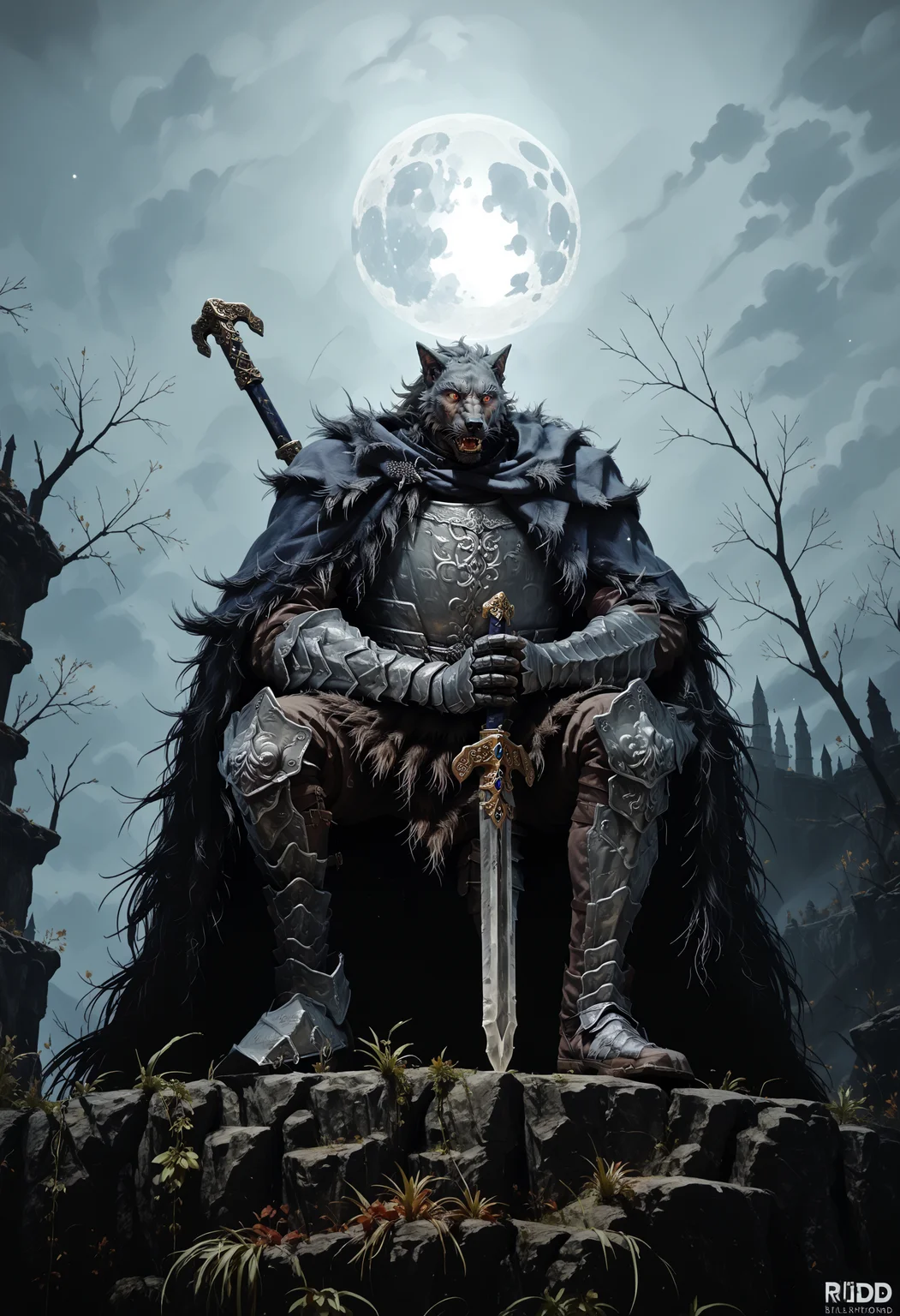 score_9, score_8_up, score_7_up, rythblaiddpony, blaidd \(elden ring\), 1boy, wolf knight, crouching, edge of cliff, from below, full moon, moonlight, looking away, holding sword, sword over shoulder, open mouth, red eyes, night, gauntlets, <lora:d4rk01lXLP:0.95>, <lora:blaiddpony:1>