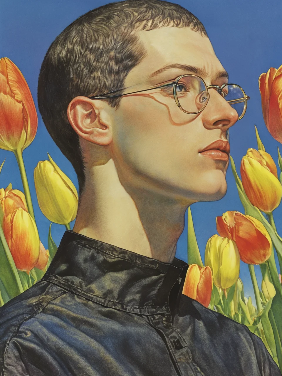 A young person with very short hair and glasses, wearing a dark high-collared shirt. They are standing against a backdrop of colorful tulips and a clear blue sky, with a serious and contemplative expression,
ddpapa,<lora:Detail_Adamov_V1:0.7>,, masterpiece, best quality,