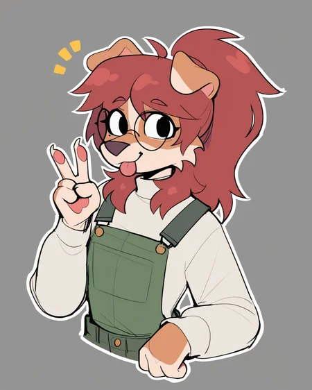 score_9_up, score_8_up, score_7_up, score_6_up, by remanedur, half-length portrait, long hair, ponytail, brown fur, round glasses, furry female, dog, female, furry, floppy ears, looking at viewer, solo, smile, happy, gesture, v sign, blep, tongue, three-quarter view, head tilt, overalls, shorts, black long sleeves, bandages, tail, simple background, white outline, <lora:Leah_Pines(AIM)_XL_v1:0.15> <lora:PDXL_artist_tags_v2_big:0.5> <lora:The-Minuscule-Task_PDXL_v1.0:0.6> <lora:Pepper_shany1x:0.55>