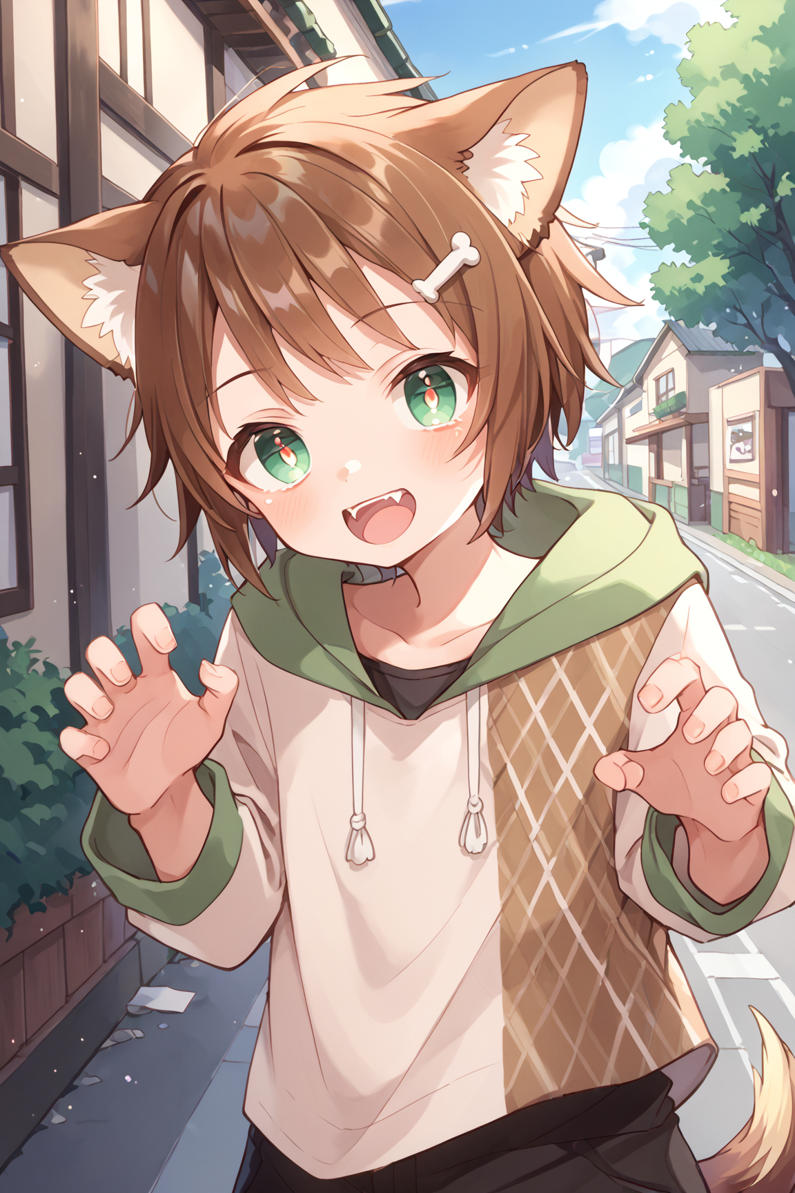score_9, score_8_up, score_7_up, source_anime BREAK
solo, inumiyauri, brown hair, greed eyes, hoodie, hood, dog ears, dog tail, outdoors, open mouth, fang, teeth, 
zPDXL3, looking_at_viewer, <lora:inumiyauriPonyv4:1>