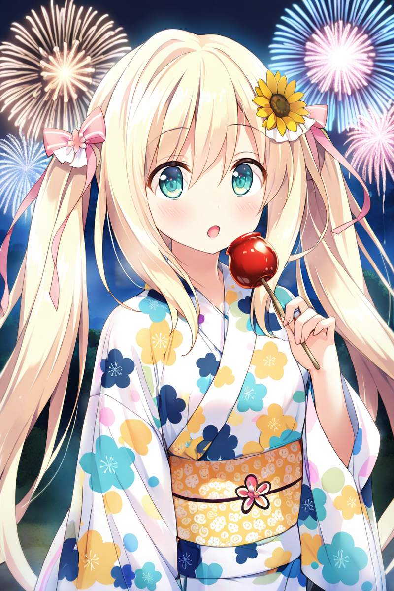 masterpiece,best quality,amazing quality,highres,scenery,newest,1girl,official style,erika,long hair,blonde hair,green eyes,aqua eyes,bangs,hair between eyes,twintails,erika kimono,japanese clothes,flower,kimono,hair flower,hair ornament,sash,obi,yukata,floral print,pink ribbon,wide sleeves,long sleeves,ribbon,yellow flower,sunflower hair ornament,hair ribbon,very long hair,white kimono,sunflower,sidelocks,<lora:erika:1>,outdoors,fireworks,looking at viewer,:o,upper body,candy apple,
